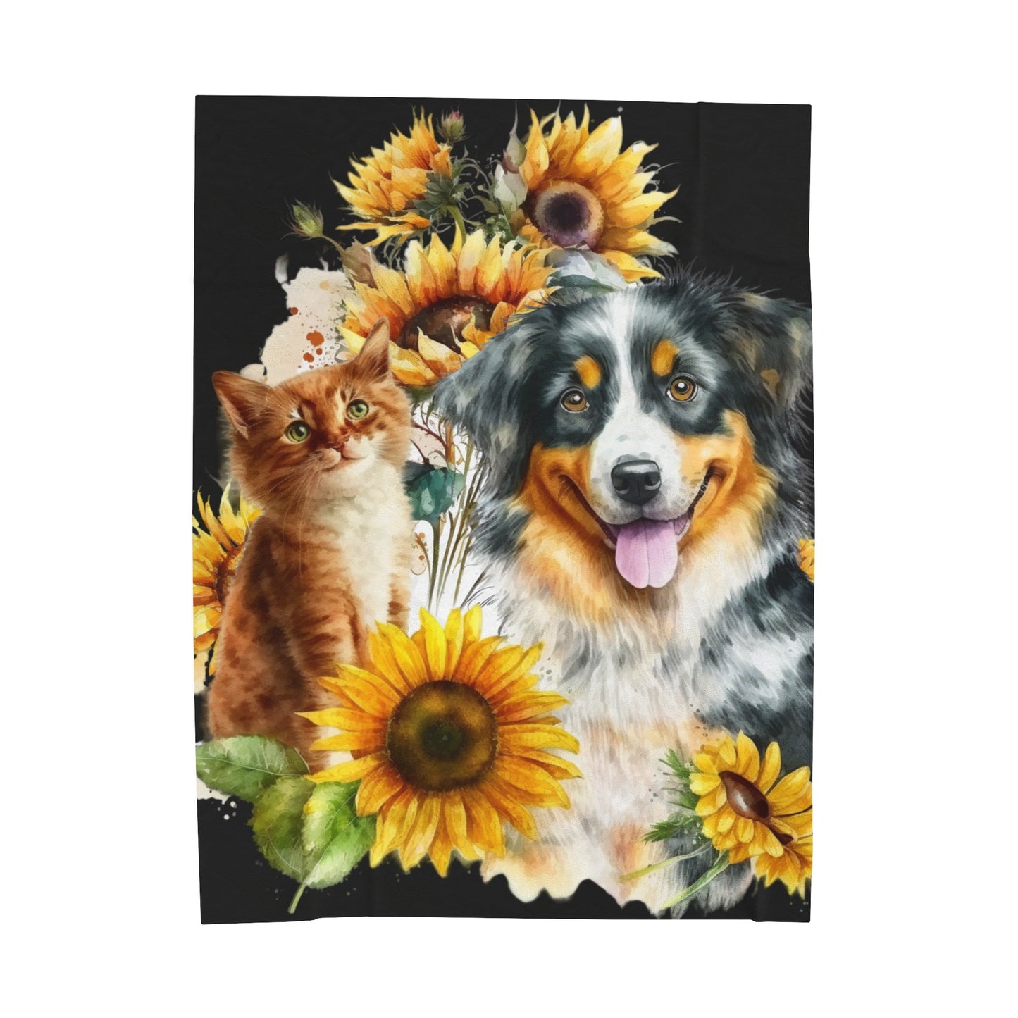 Watercolor Dog and Cat with Sunflowers Blanket