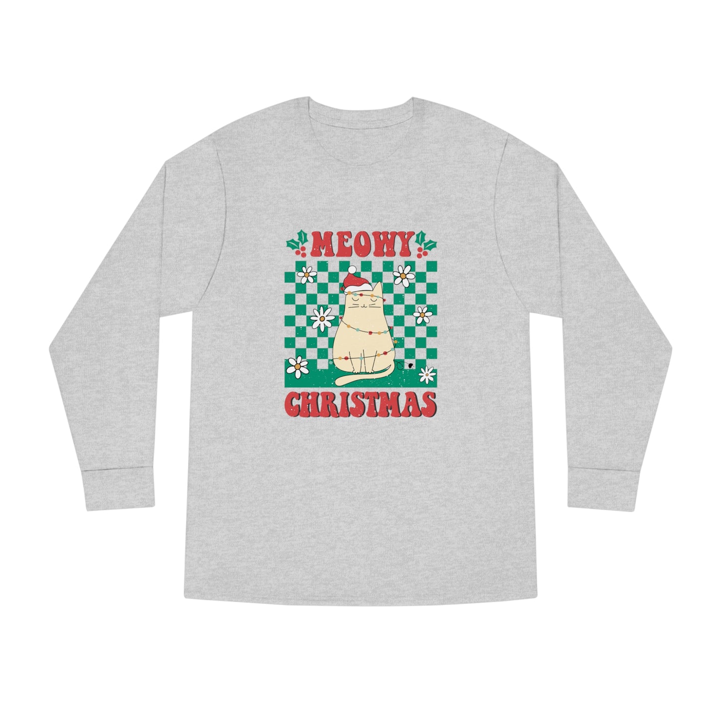 Meowy Christmas Cat In Christmas Lights Green Ugly Sweater Long Sleeve Tee