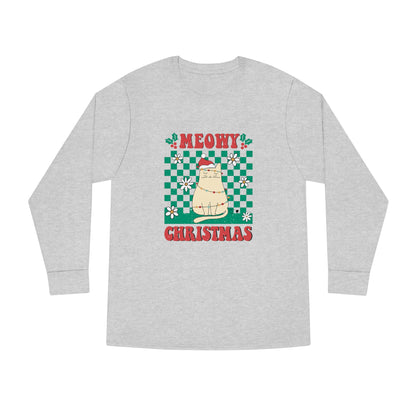 Meowy Christmas Cat In Christmas Lights Green Ugly Sweater Long Sleeve Tee