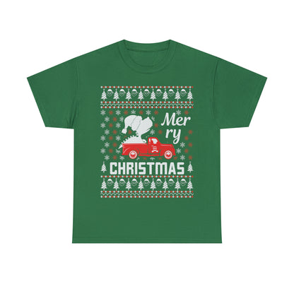 Dinosaur in Red Truck Merry Christmas Ugly Sweater Short Sleeve Tee