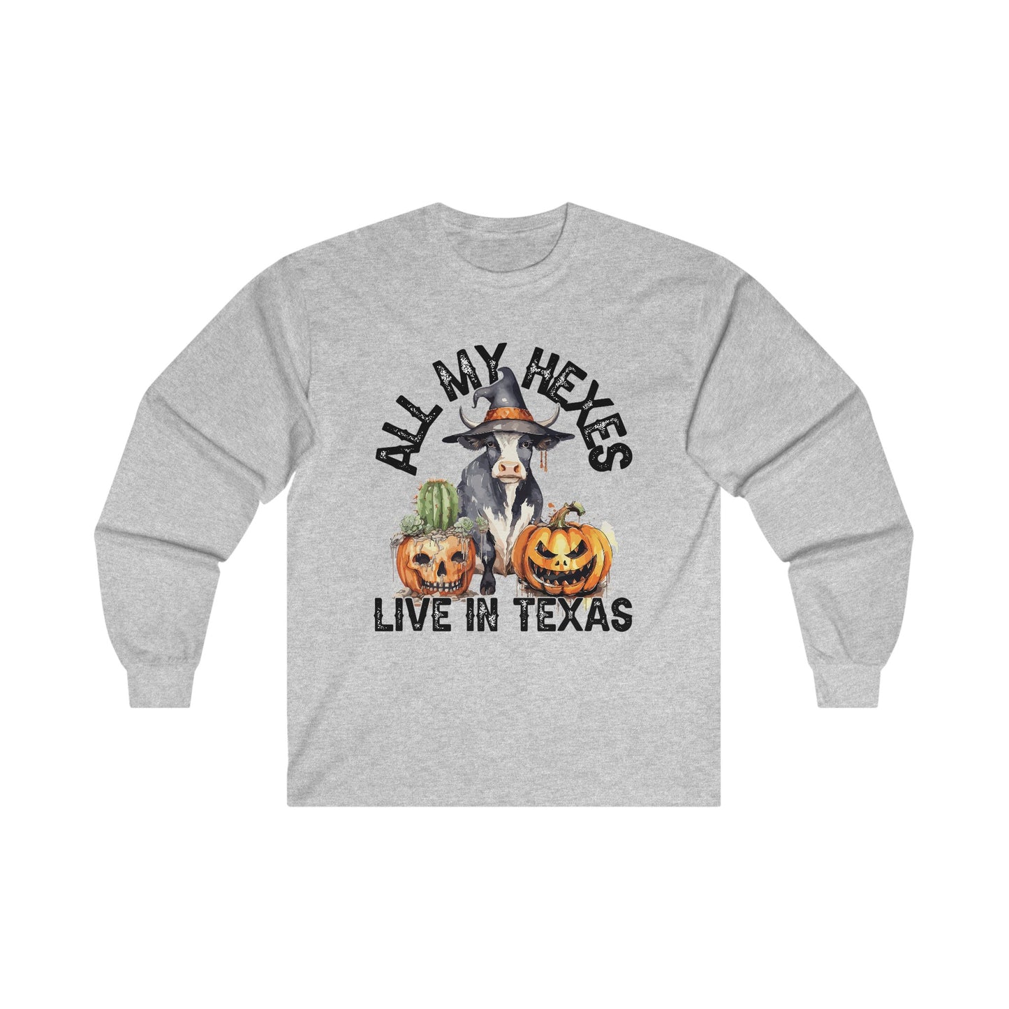 All My Hexes Live In Texas Cow With Pumpkins Halloween Long Sleeve Tee