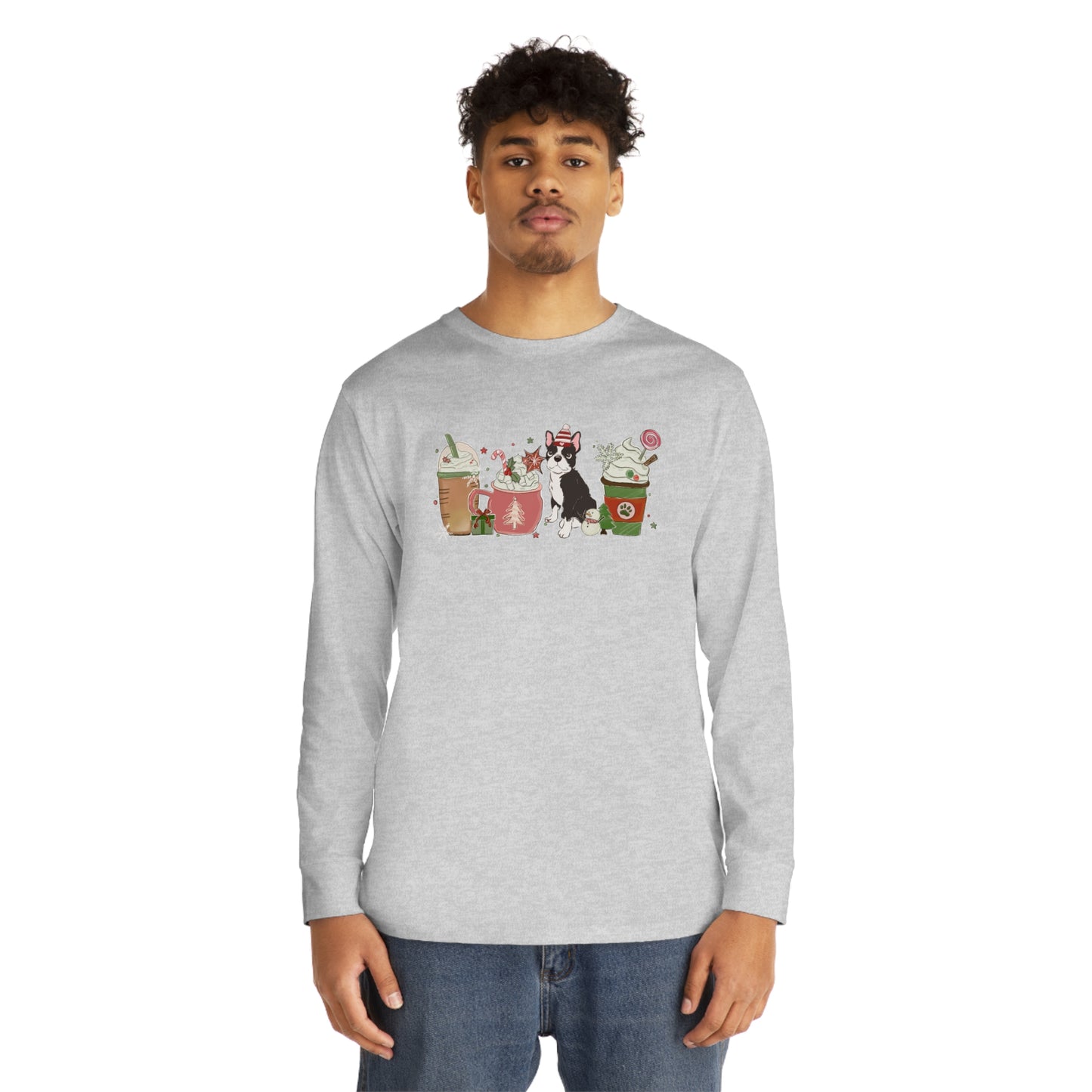 Boston Terrier Dog Latte Christmas Long Sleeve Tee