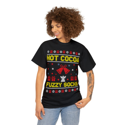 Hot Cocoa Fuzzy Socks Christmas Ugly Sweater Short Sleeve Tee