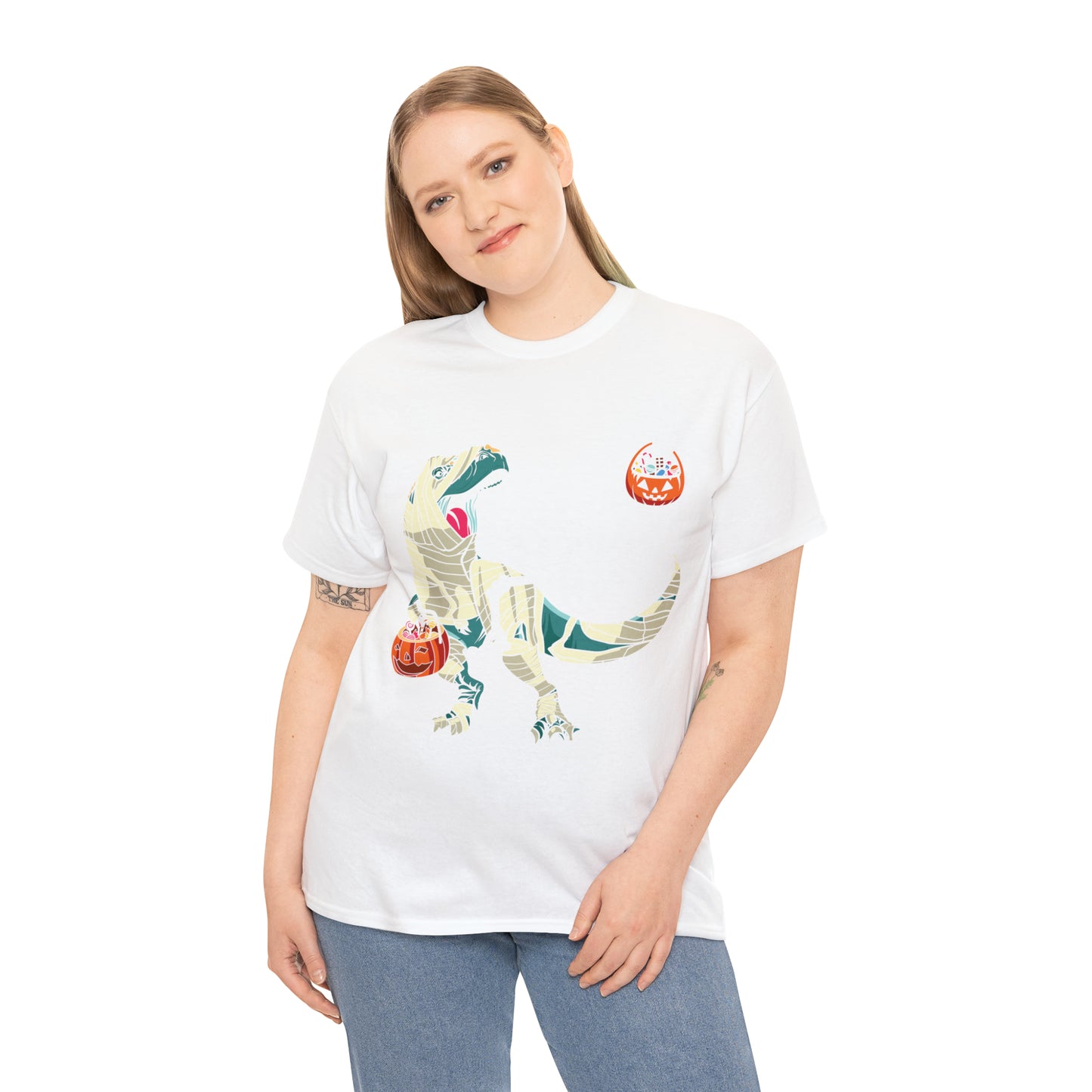 Skeleton Riding Mummy Dinosaur Halloween Short Sleeve Tee