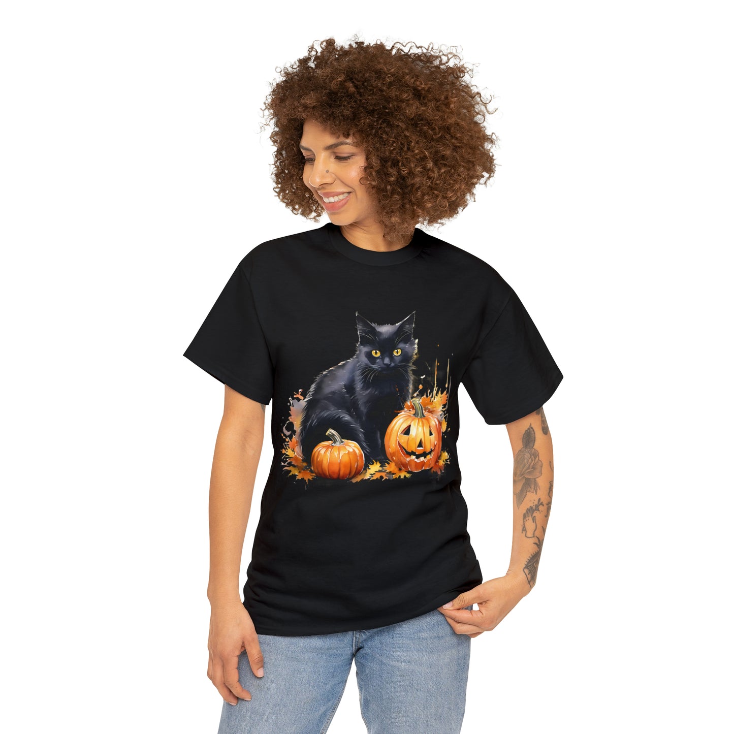 Black Cat with Pumpkin Halloween Short Sleeve Tee