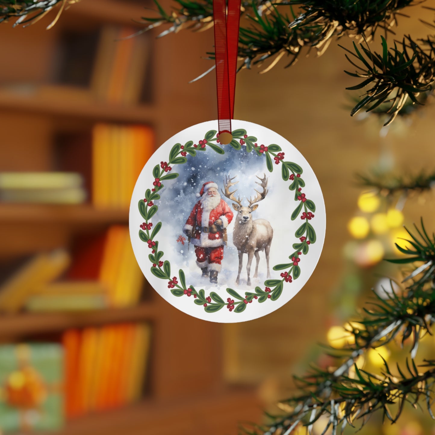 Santa With Reindeer in Snow Ornament