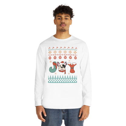 Joy French Bulldog Frenchie Dog Christmas Ugly Sweater Long Sleeve Tee