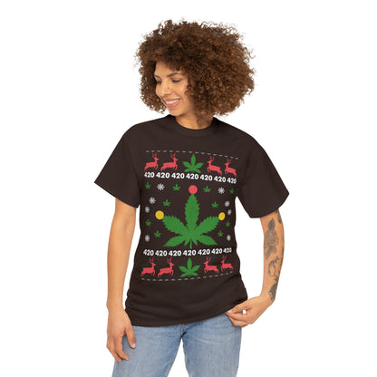 Cannabis Leaf with Lights Christmas Ugly Sweater Short Sleeve Tee