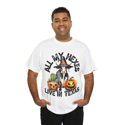 All My Hexes Live In Texas Cow With Pumpkins Halloween Short Sleeve Tee