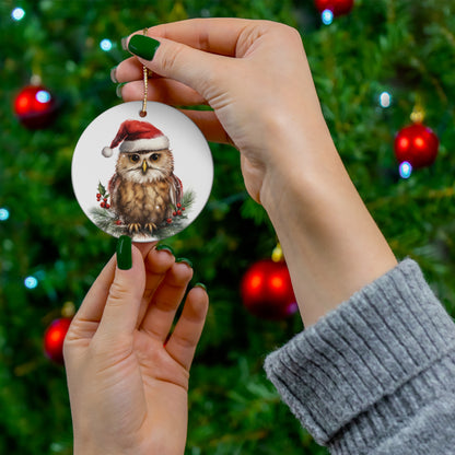 Owl in Santa Hat Christmas Ceramic Ornament