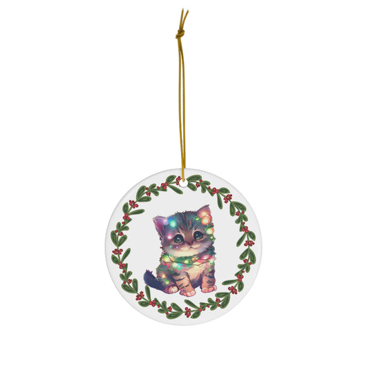 Grey Stripe Cat in Lights Christmas Ceramic Ornament