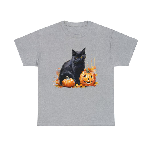 Black Cat with Pumpkin Halloween Short Sleeve Tee