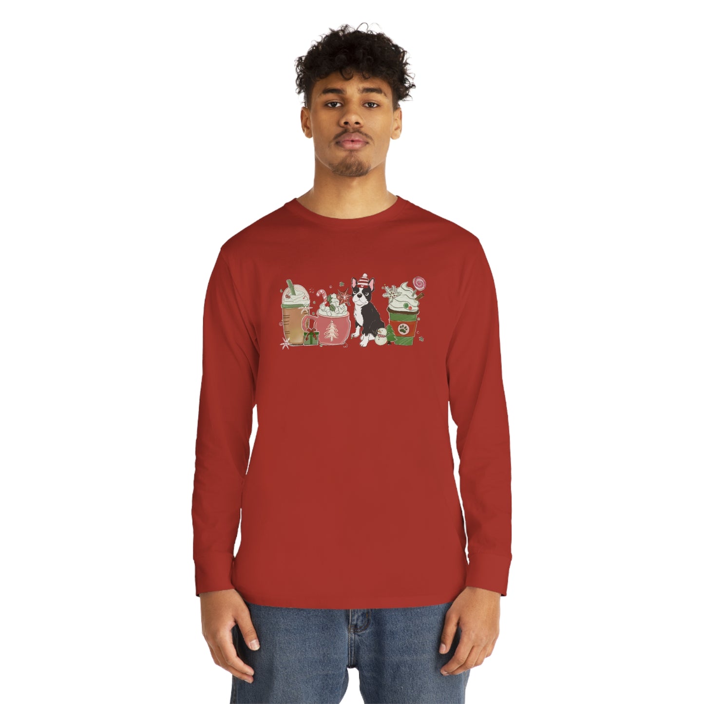 Boston Terrier Dog Latte Christmas Long Sleeve Tee