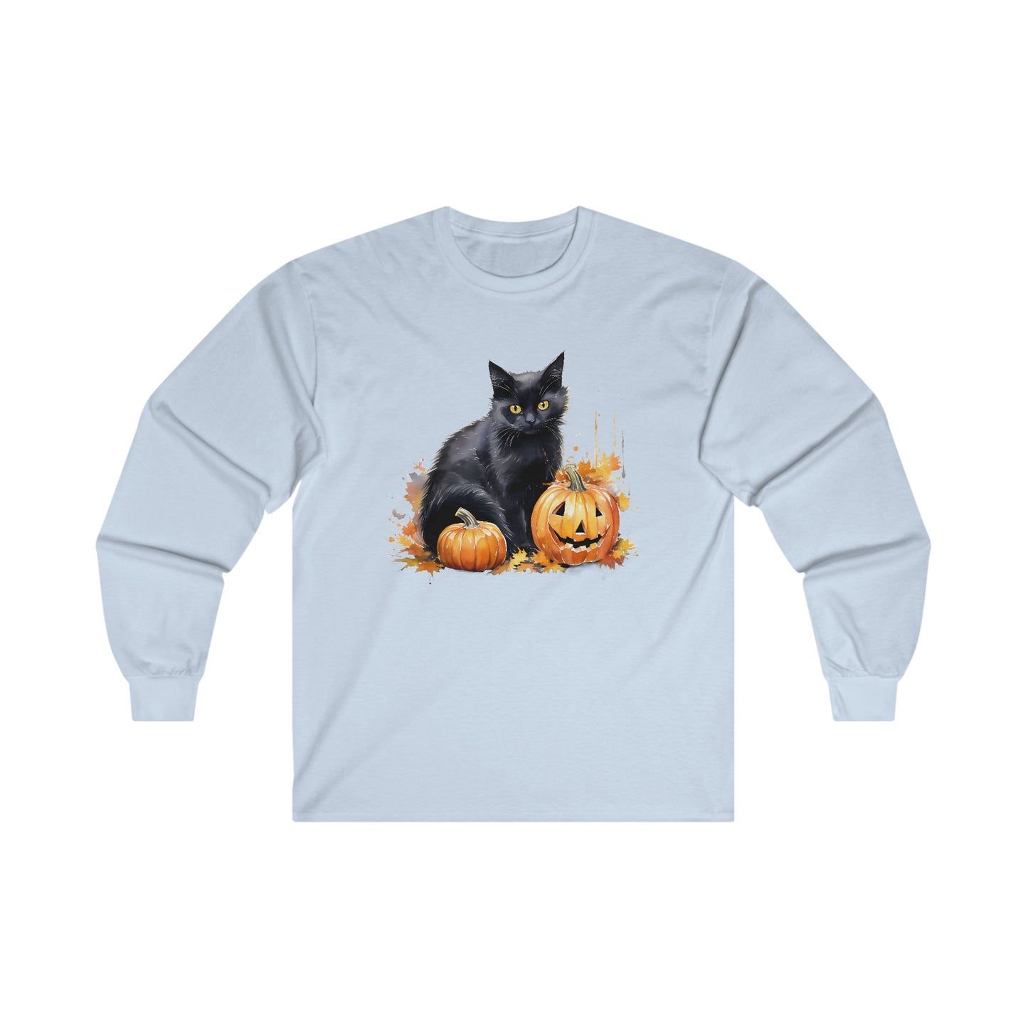 Black Cat with Pumpkin Halloween Long Sleeve Tee