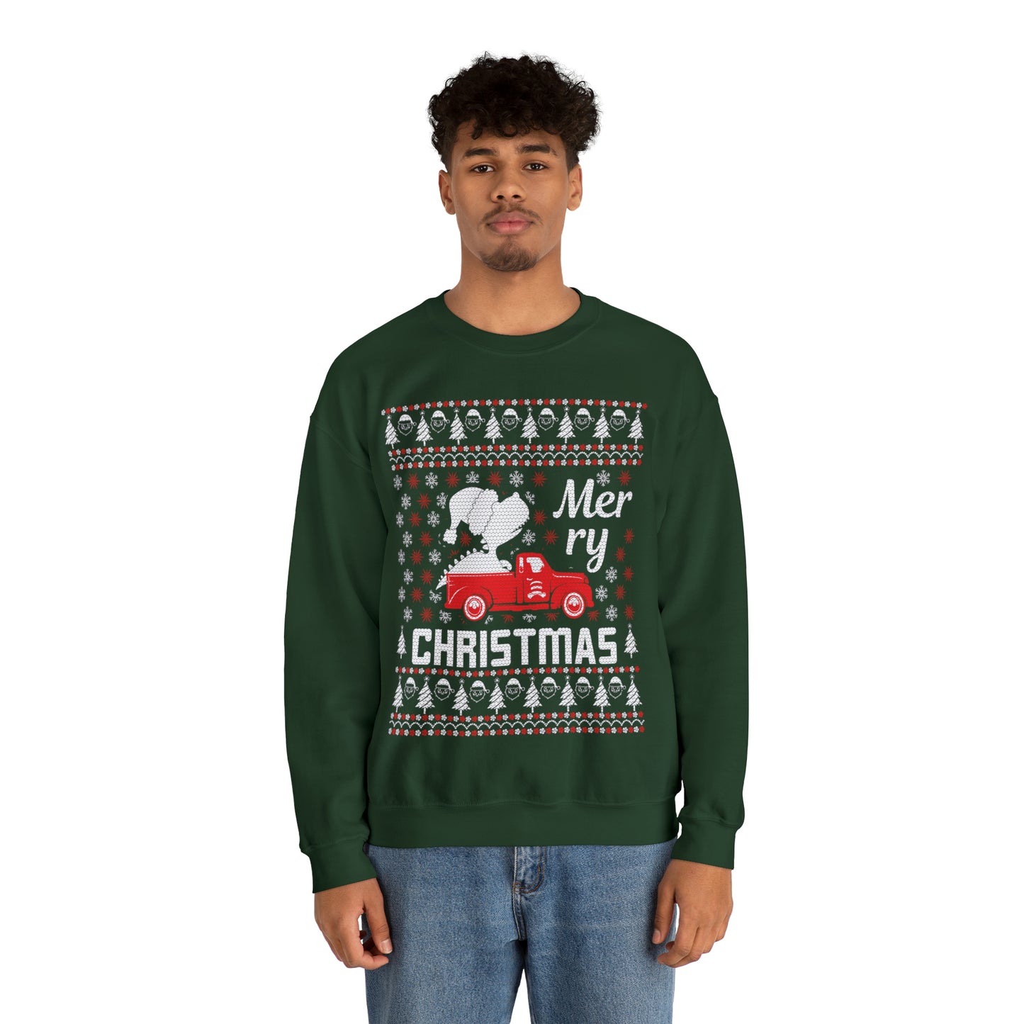 Dinosaur in Red Truck Merry Christmas Ugly Sweater Sweatshirt