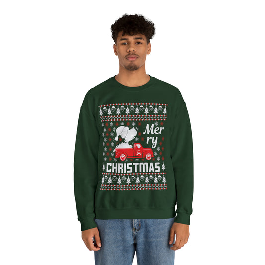 Dinosaur in Red Truck Merry Christmas Ugly Sweater Sweatshirt