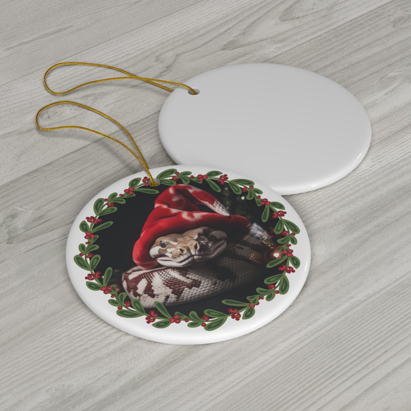 Ball Python Snake in Santa Hat Christmas Ceramic Ornament