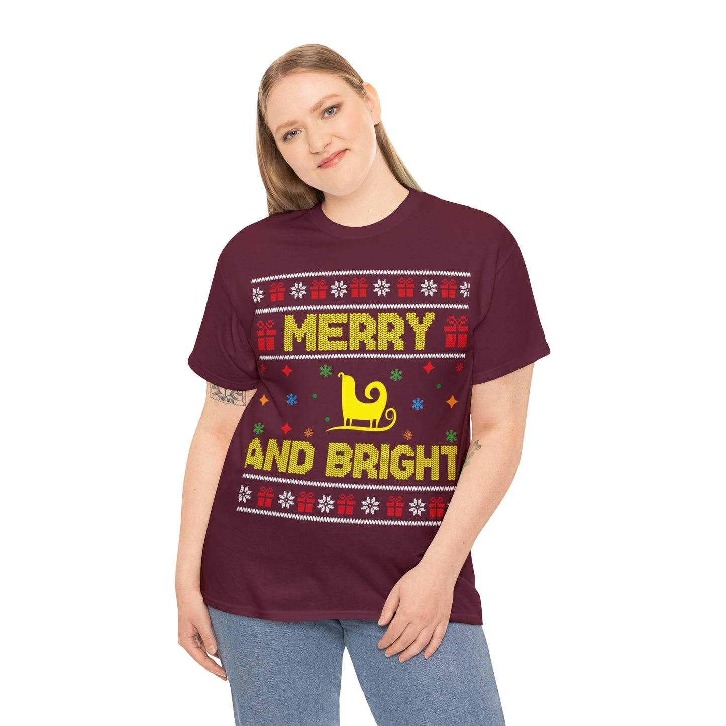 Merry and Bright Sleigh Christmas Ugly Sweater Short Sleeve Tee