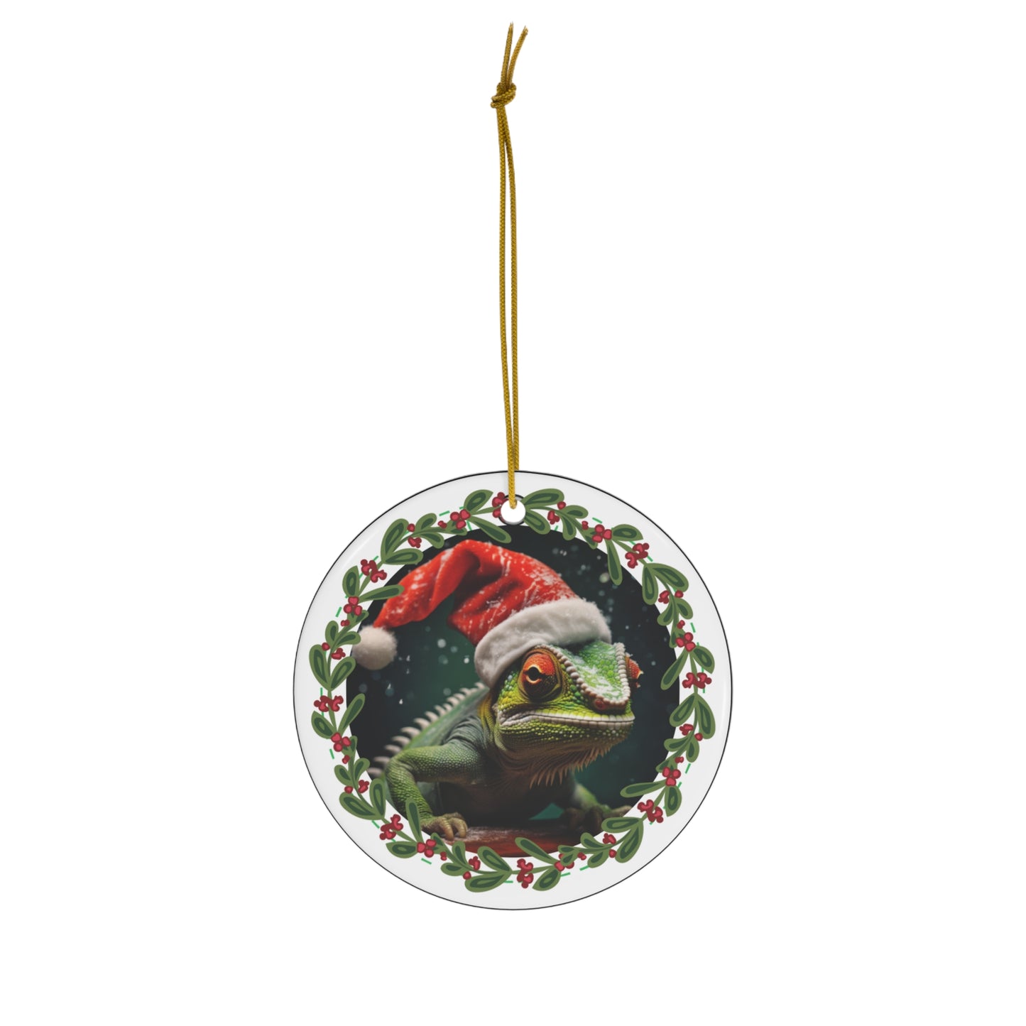 Chameleon in Santa Hat Christmas Ceramic Ornament