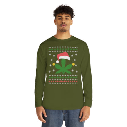 Cannabis Leaf in Santa Hat Christmas Ugly Sweater Long Sleeve T-shirt