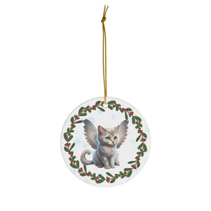 White Cat with Wings Design 1 Christmas Ceramic Ornament