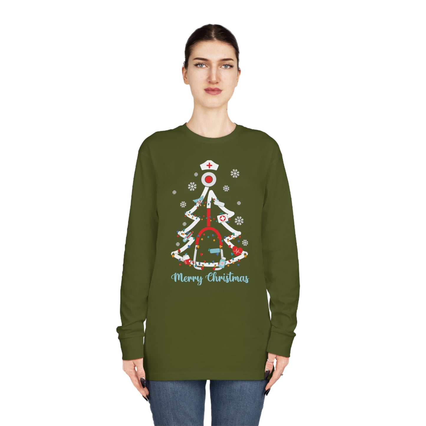 Merry Christmas Stethoscope Christmas Tree Medical Nurse Long Sleeve Tee