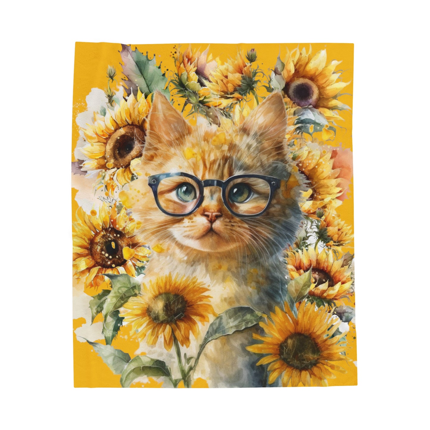 Watercolor Yellow Sunflowers with Cat in Glasses Blanket