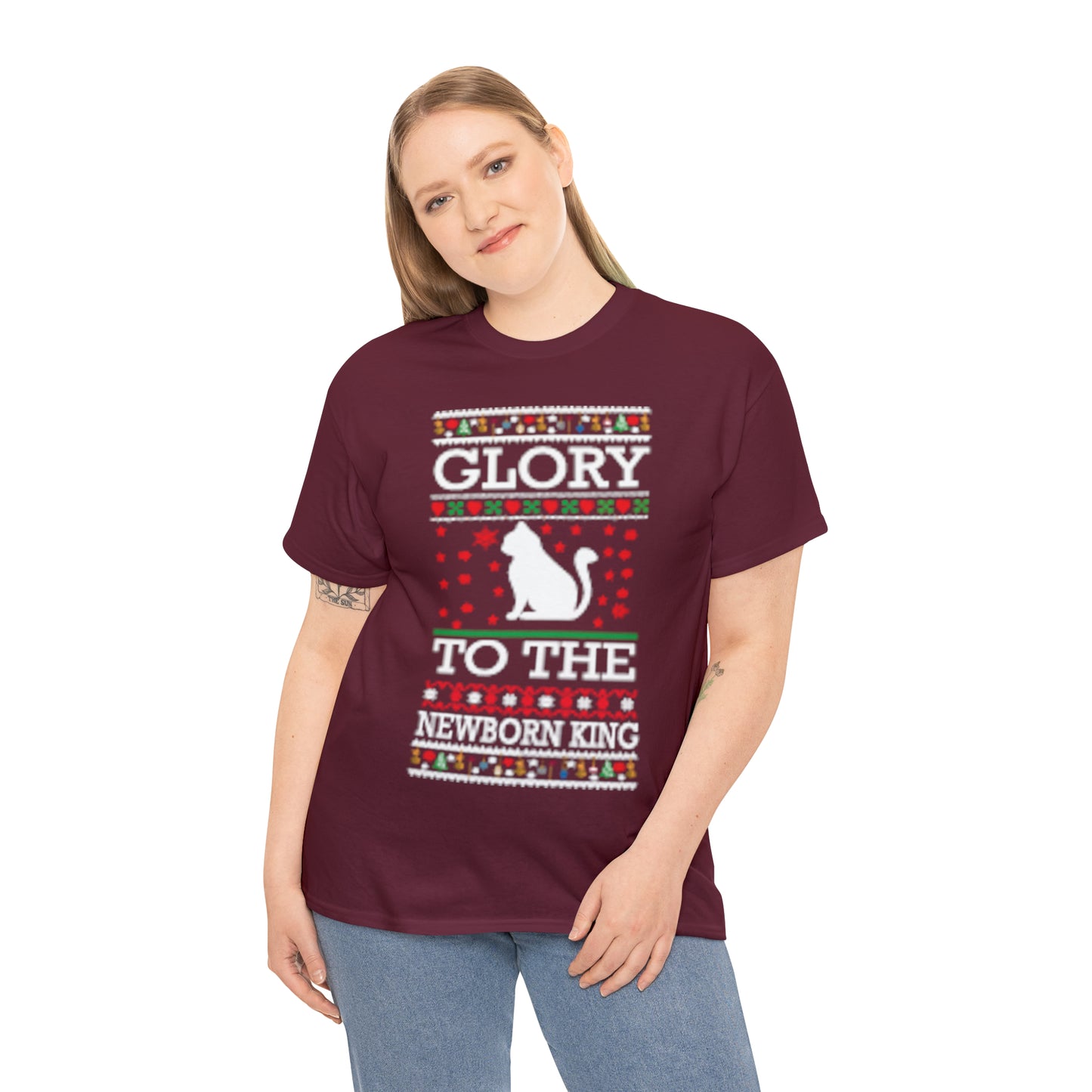 Glory to the Newborn King Cat Christmas Ugly Sweater Short Sleeve Tee