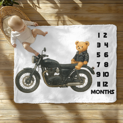 Motorcycle Bear Milestone Velveteen Plush Blanket Baby Shower Gift