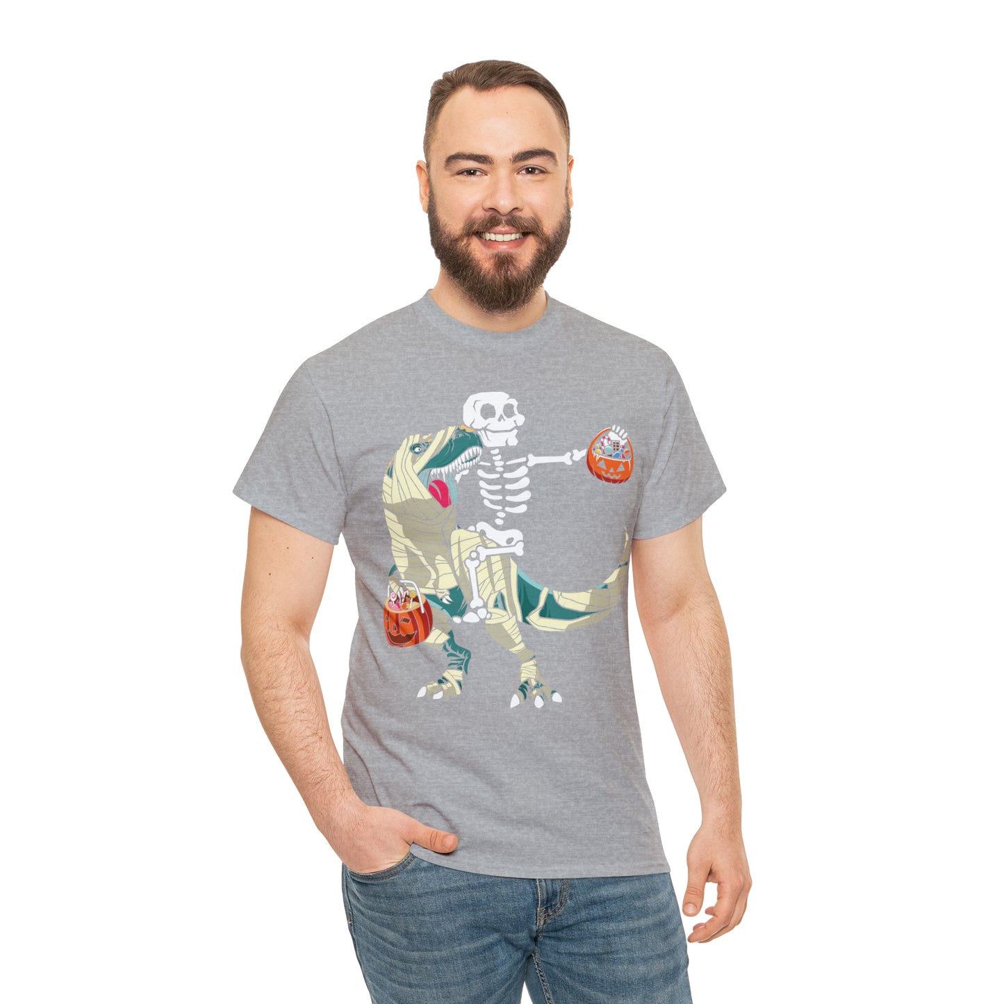 Skeleton Riding Mummy Dinosaur Halloween Short Sleeve Tee