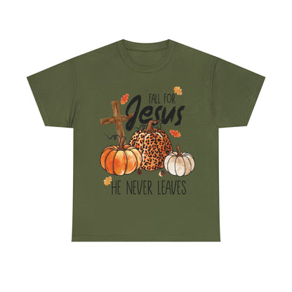 Fall For Jesus He Never Leaves Christian Halloween Short Sleeve Tee