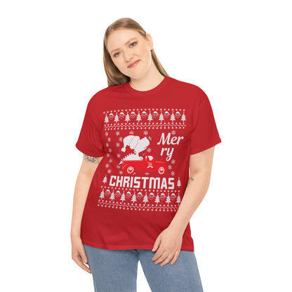 Dinosaur in Red Truck Merry Christmas Ugly Sweater Short Sleeve Tee