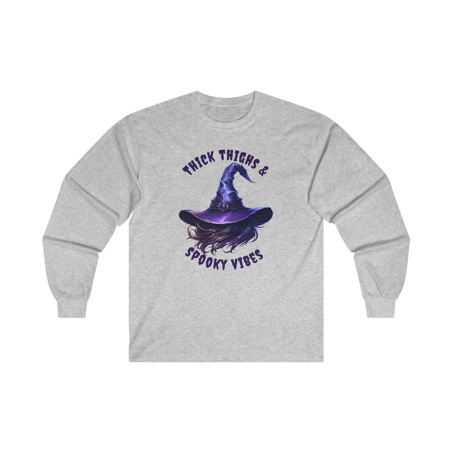 Thick Thighs And Spooky Vibes Witch Hat Halloween Long Sleeve Tee