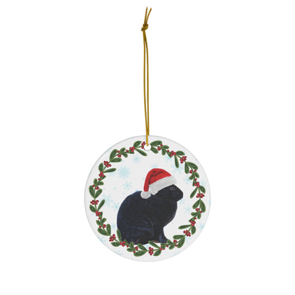 Black Rex Rabbit Bunny in Santa Hat Christmas Ceramic Ornament