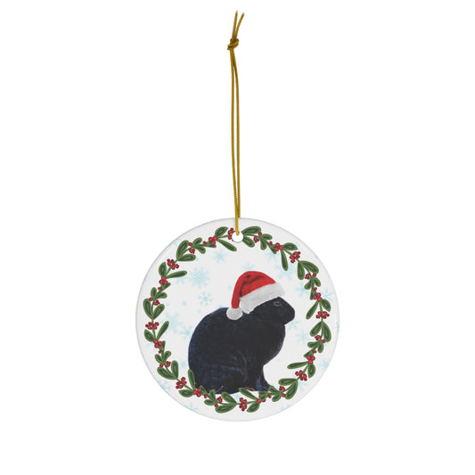 Black Rex Rabbit Bunny in Santa Hat Christmas Ceramic Ornament