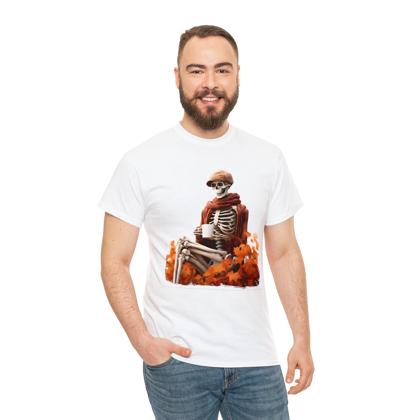 Skeleton in Fedora Sitting With Fall Leaves Halloween Short Sleeve Tee