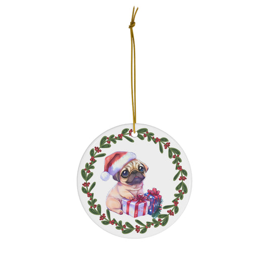 Pug Sitting with Presents Christmas Ceramic Ornament