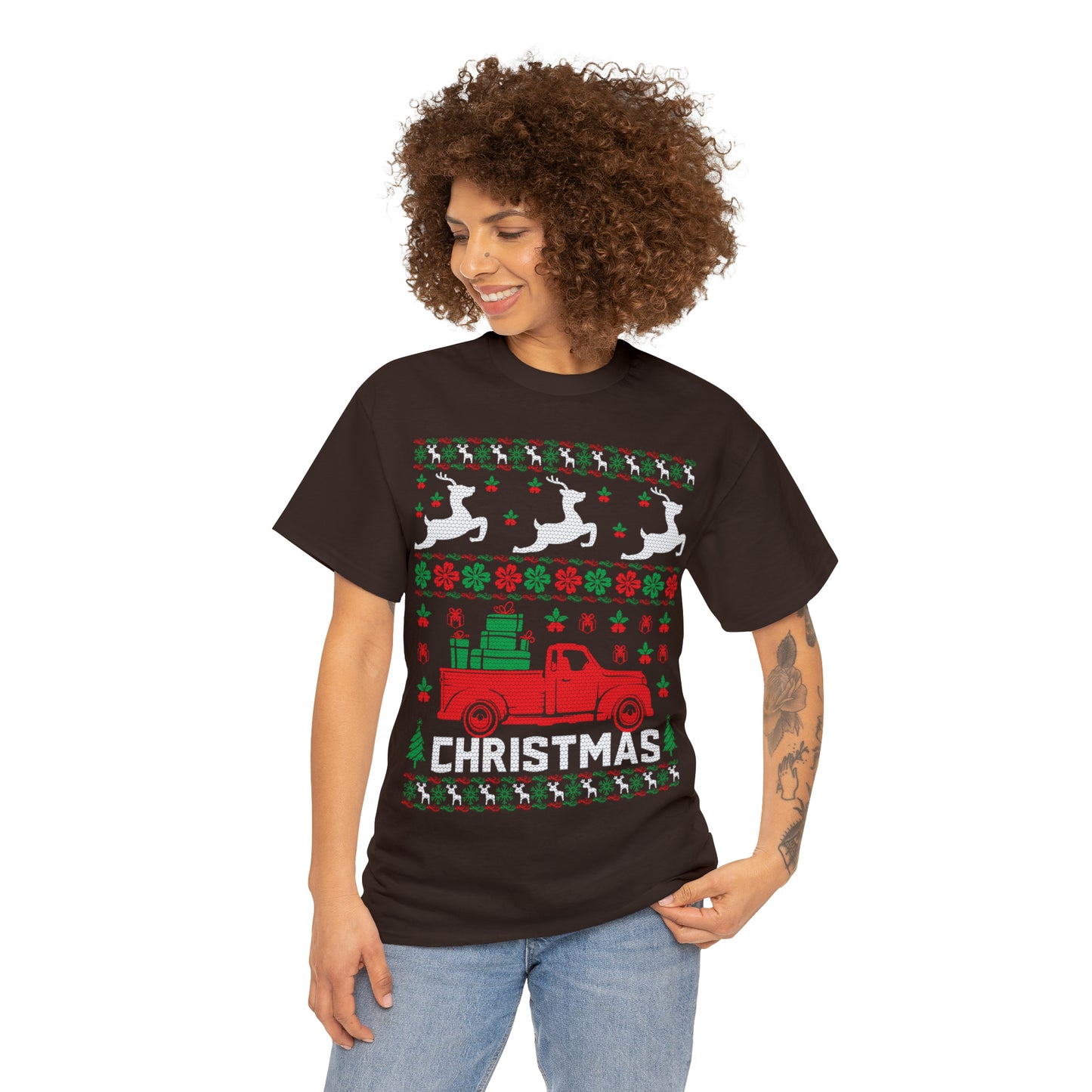 Red Merry Christmas Truck Ugly Sweater Short Sleeve Tee