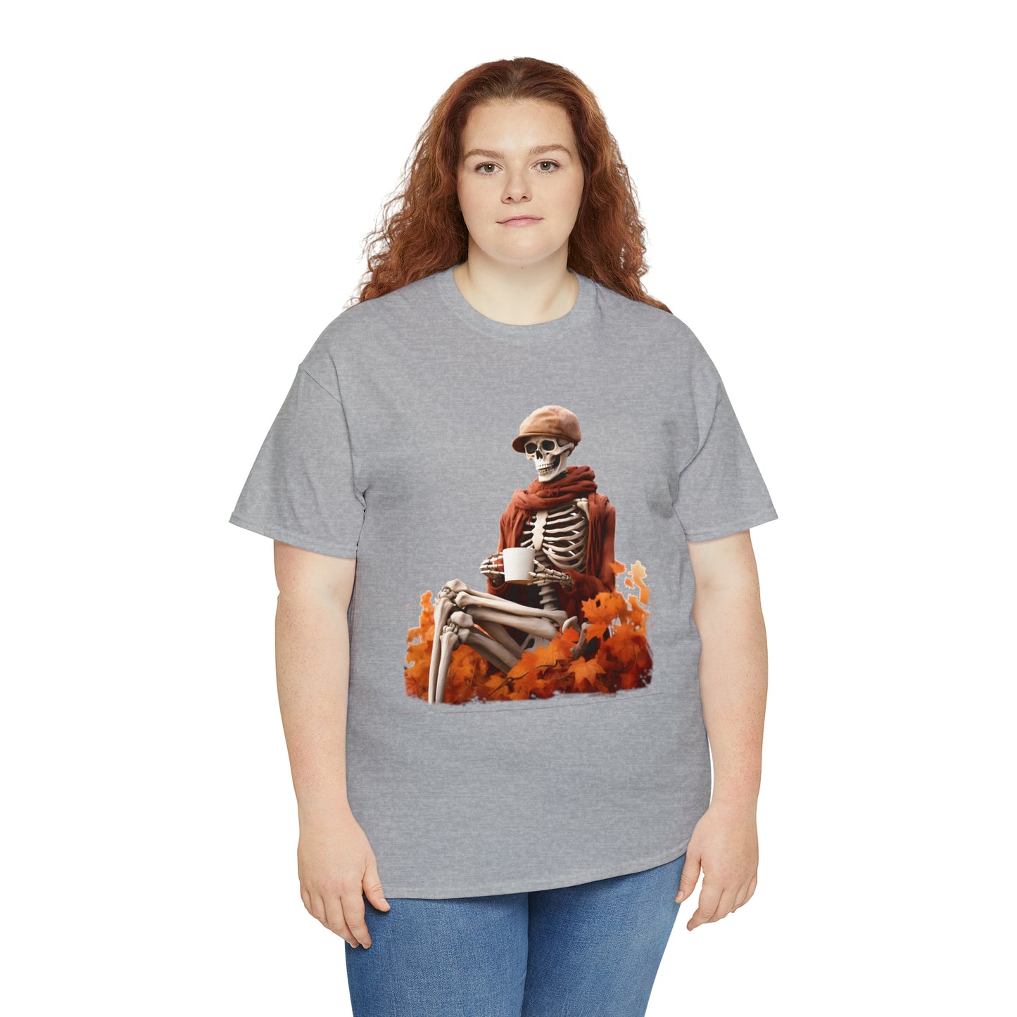 Skeleton in Fedora Sitting With Fall Leaves Halloween Short Sleeve Tee