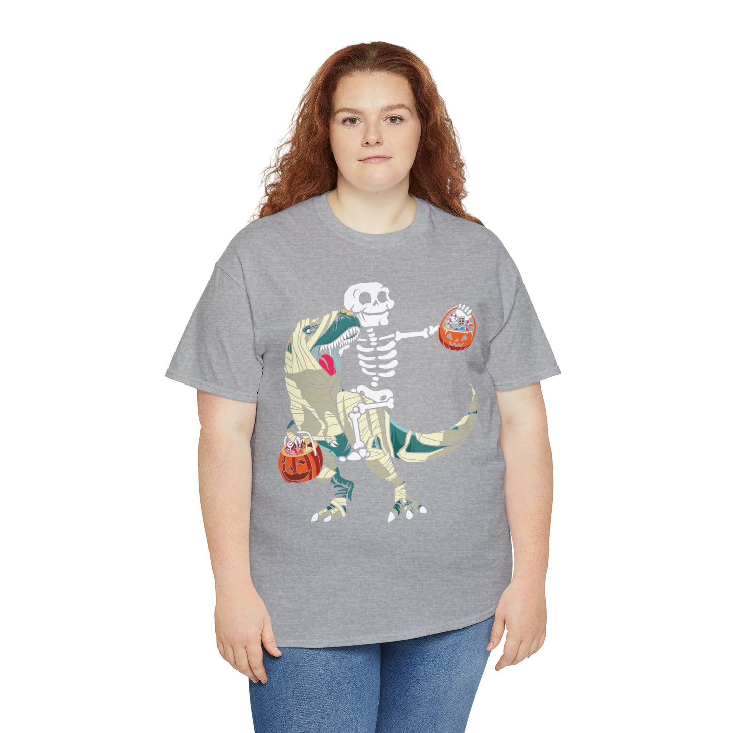 Skeleton Riding Mummy Dinosaur Halloween Short Sleeve Tee