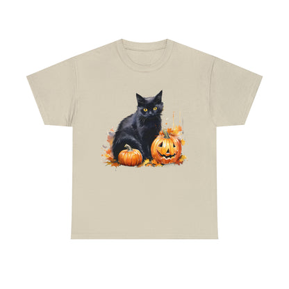 Black Cat with Pumpkin Halloween Short Sleeve Tee