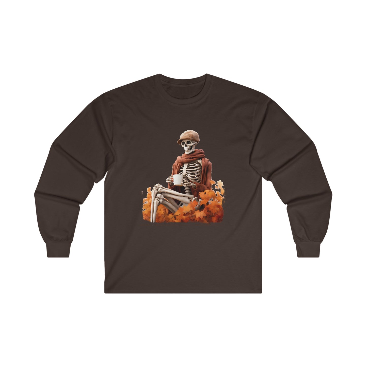 Skelton with Fedora in Leaves Long Sleeve Tee