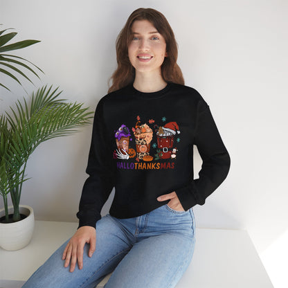 Hallothanksmas Coffee Sweatshirt Halloween Thanksgiving Christmas