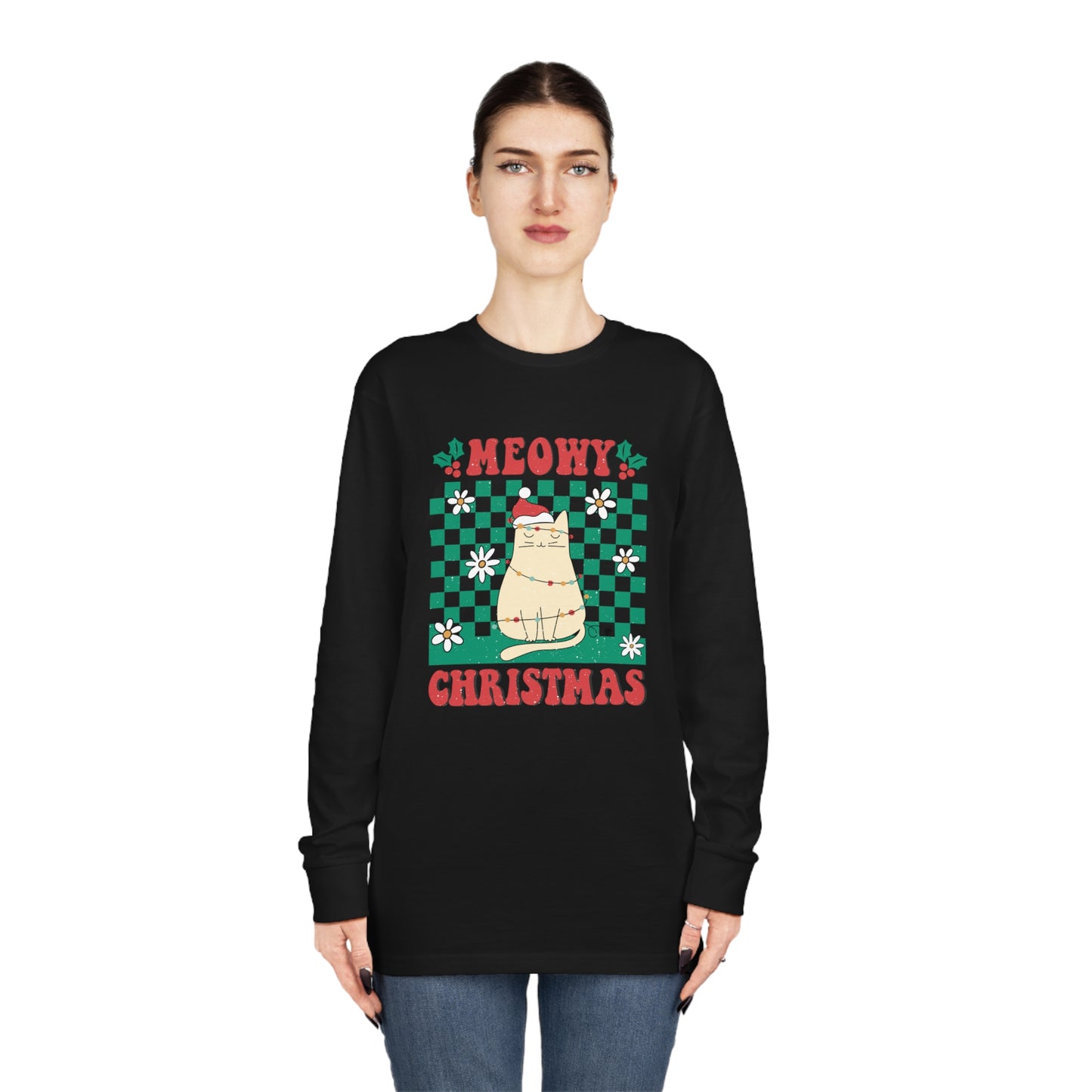 Meowy Christmas Cat In Christmas Lights Green Ugly Sweater Long Sleeve Tee