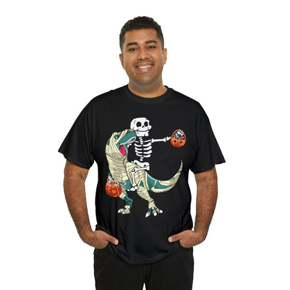 Skeleton Riding Mummy Dinosaur Halloween Short Sleeve Tee