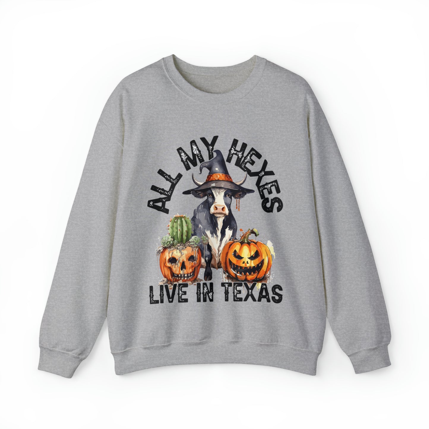 All My Hexes Live In Texas Cow With Pumpkins Halloween Sweatshirt