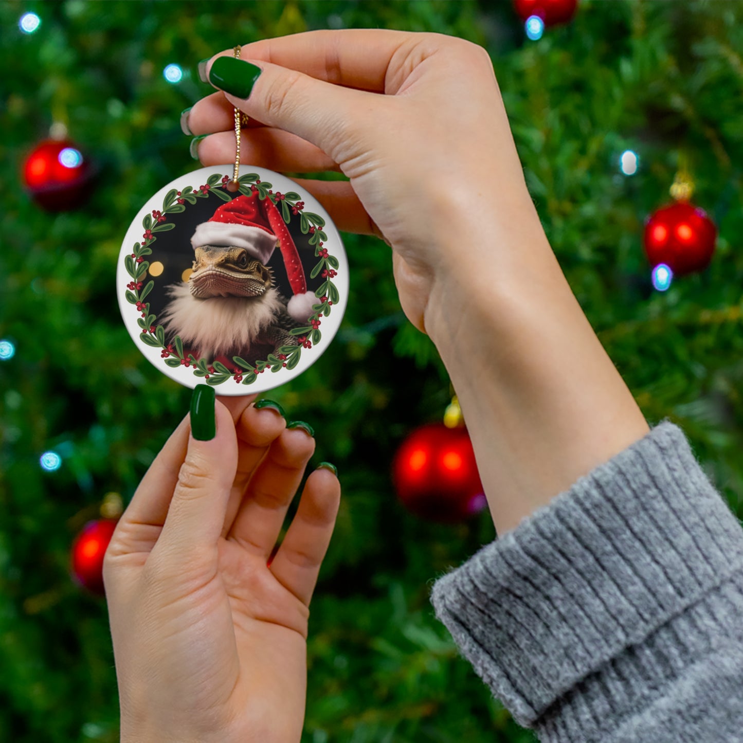 Bearded Dragon in Santa Hat and Beard Christmas Ceramic Ornament