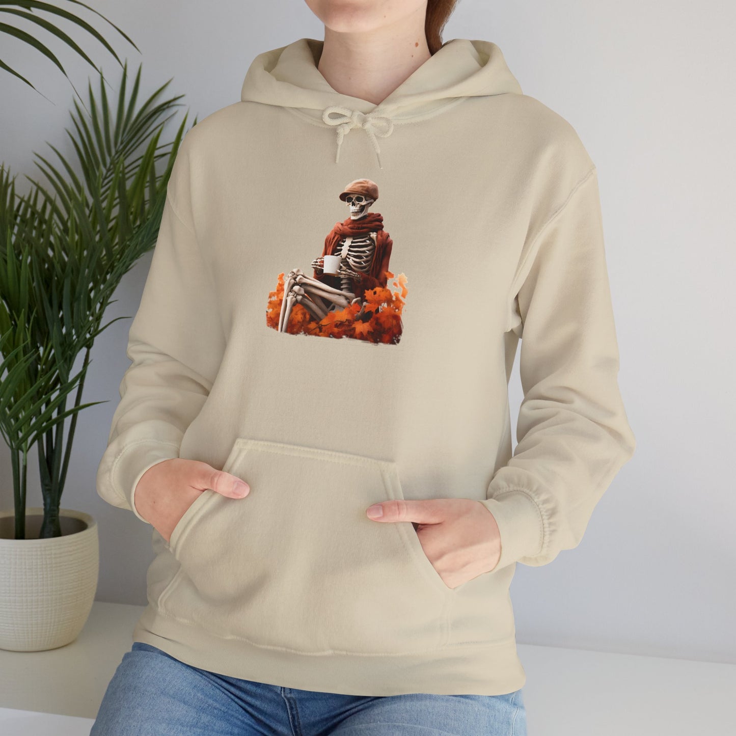 Skeleton in Fedora Sitting With Fall Leaves Pullover Hoodie