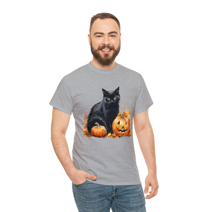 Black Cat with Pumpkin Halloween Short Sleeve Tee