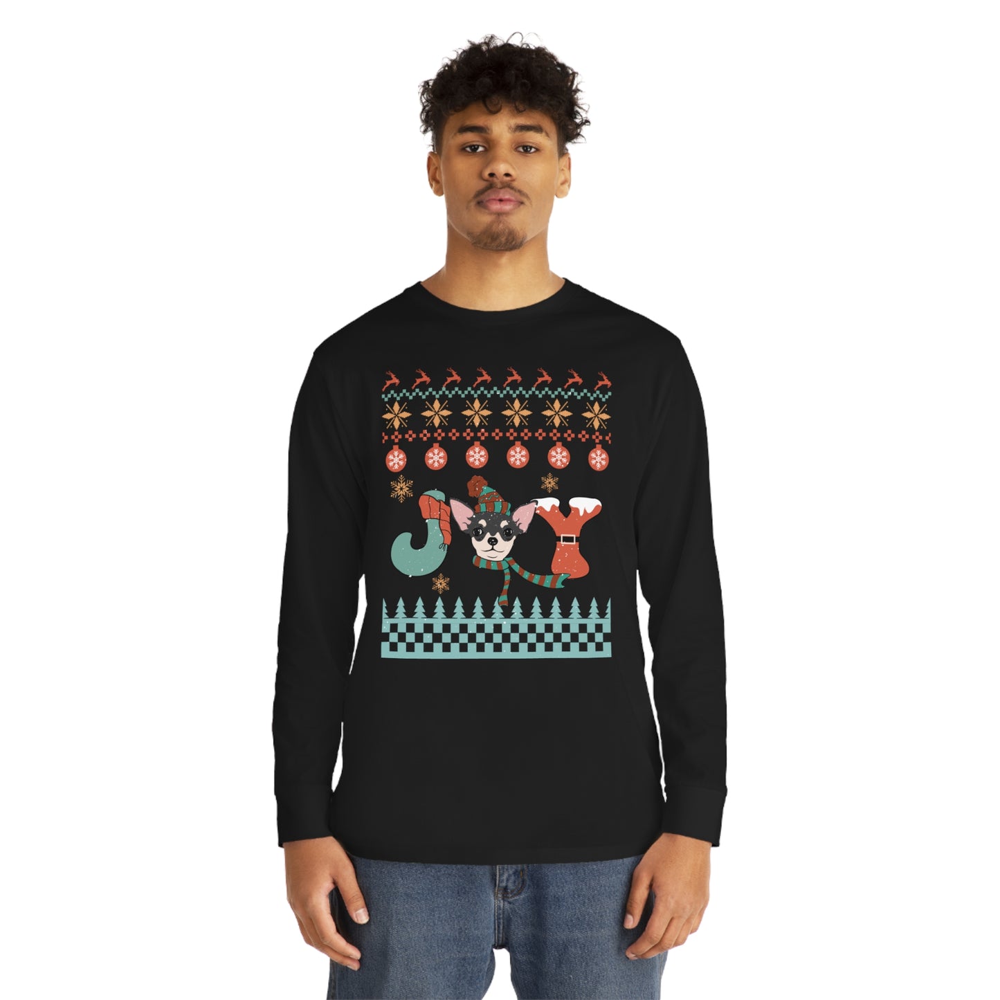 Joy Chihuahua Dog Christmas Ugly Sweater Long Sleeve Tee